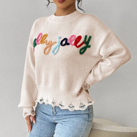 Apricot Casual Women's Round Neck Long Sleeve Letter Patchwork Knit Sweater - Picture 4 of 8